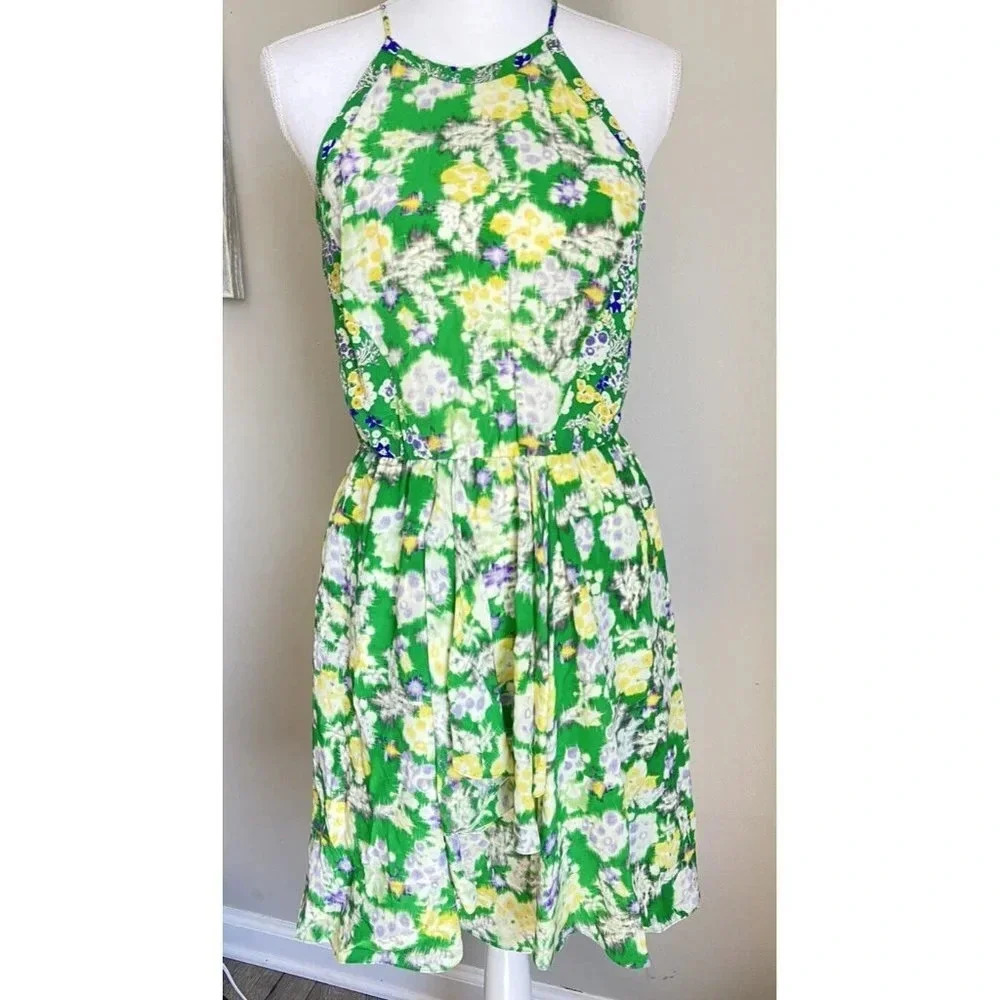 Rebecca Taylor 100% Silk Dress Sleeveless Green Purple Yellow Size 6
